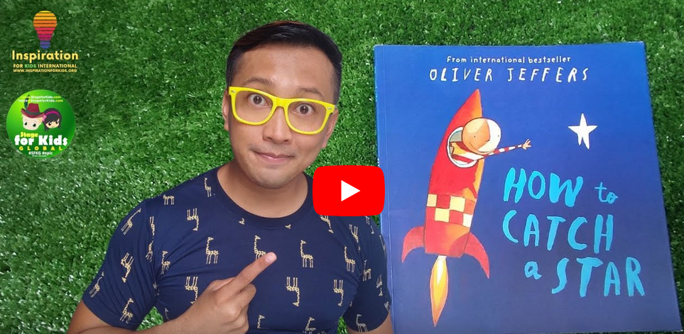 inspiration for kids teacher Emil Man presenting a children's book titled "how to catch a star" by Oliver Jeffers with a play button indicating a Storytime video format.