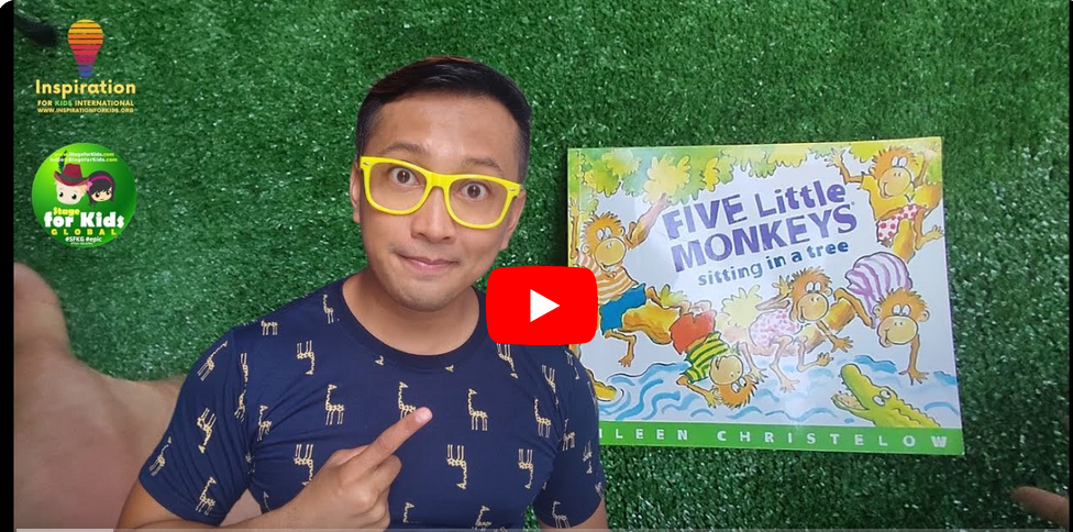 inspiration for kids teacher Emil Man in yellow glasses pointing at a "Five Little Monkeys Sitting in a Tree" children's book with a play button overlay, indicating a storytime video for kids.